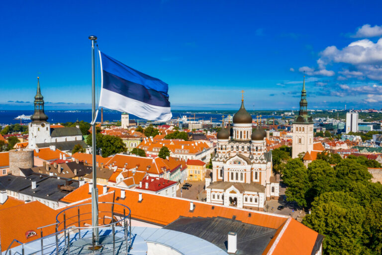 An,Aerial,View,Of,The,Estonian,Flag,Waving,On,The
